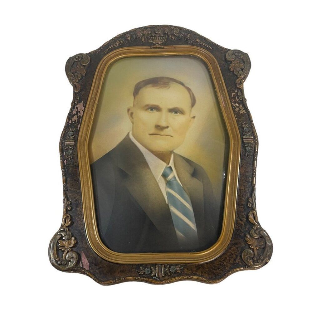 Antique Bubble Glass portrait Wood Gesso Convex frame 1900s era Hallway Man Suit